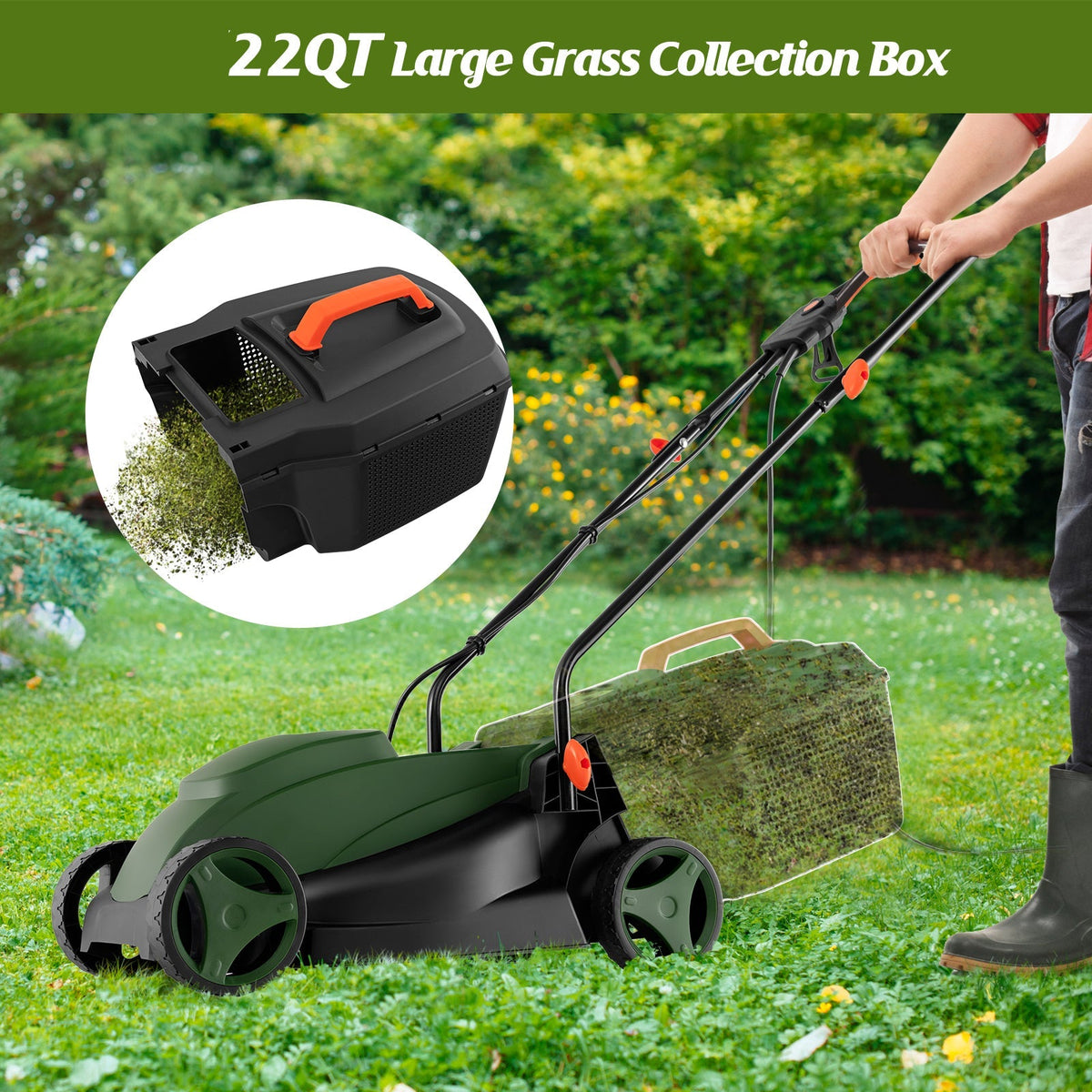 10 AMP 13 Inch Electric Corded Lawn Mower with Collection Box