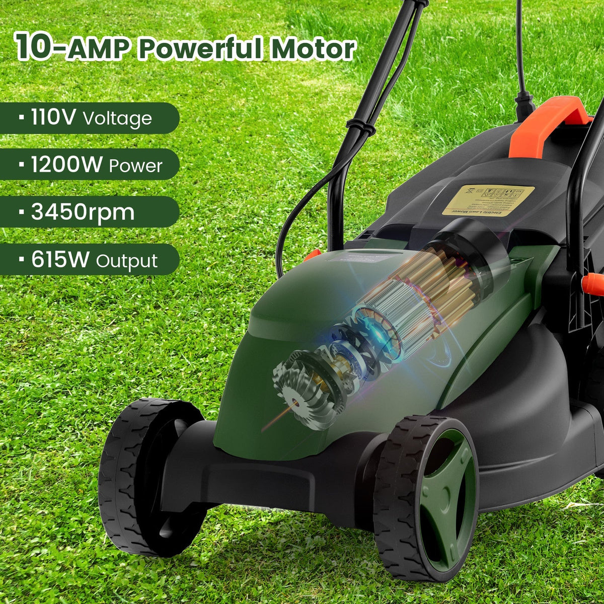 10 AMP 13 Inch Electric Corded Lawn Mower with Collection Box