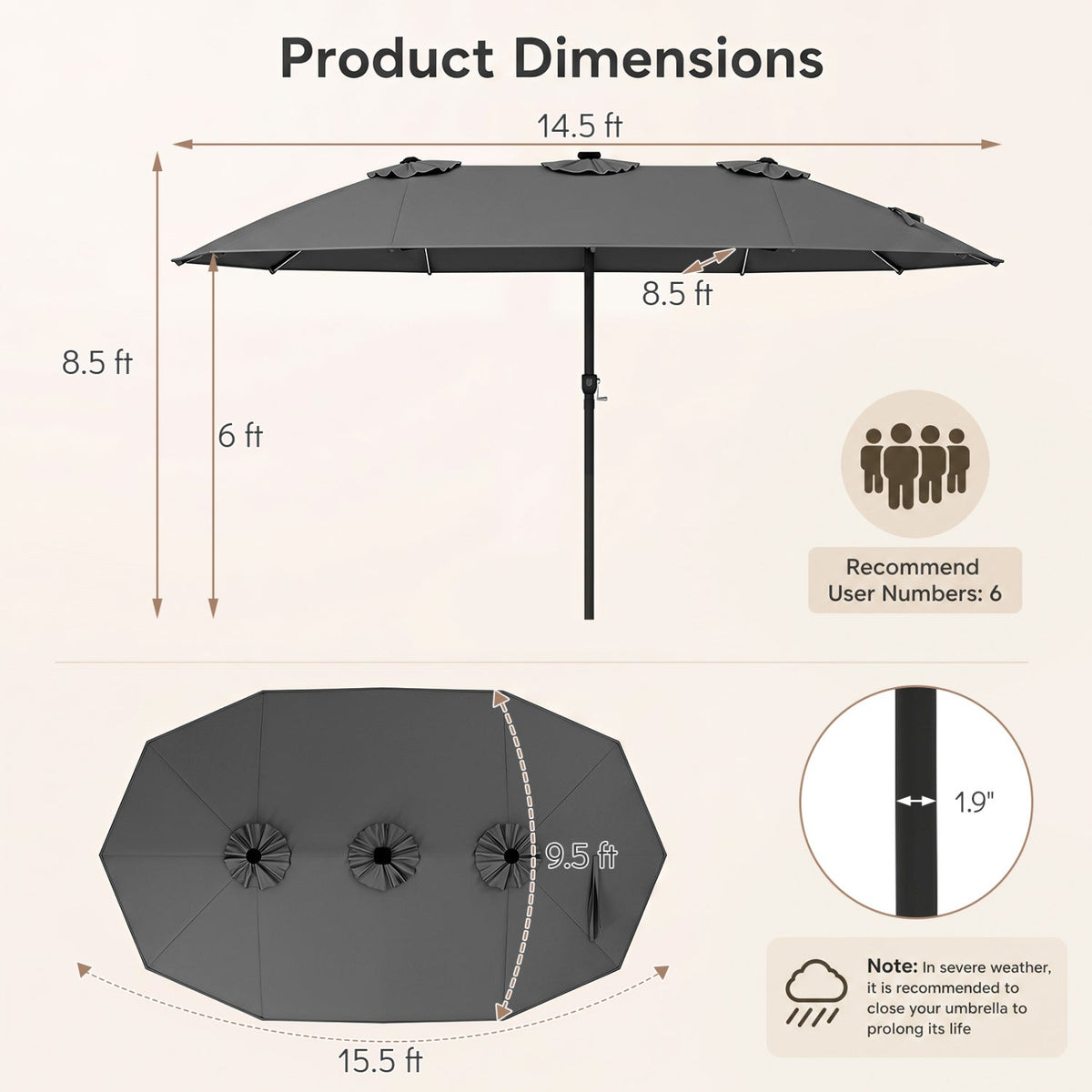Patio Umbrella 15.5ft with Solar LED Lights and Crank