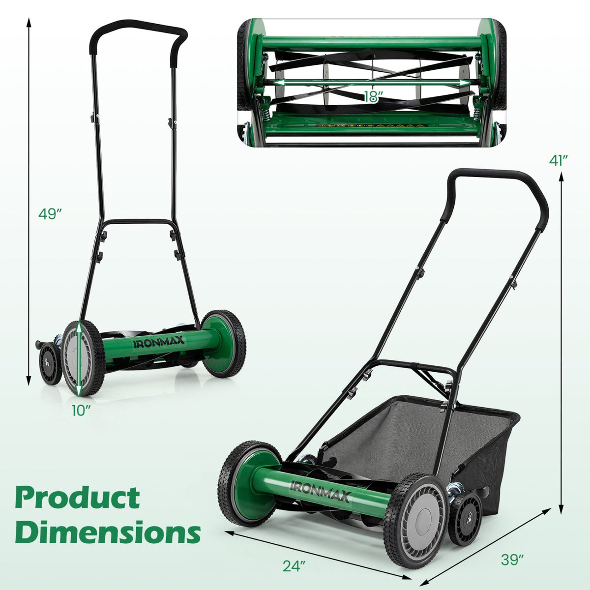 18 Inch Push Reel Lawn Mower 4-Position Adjustable with Removable Grass Catcher