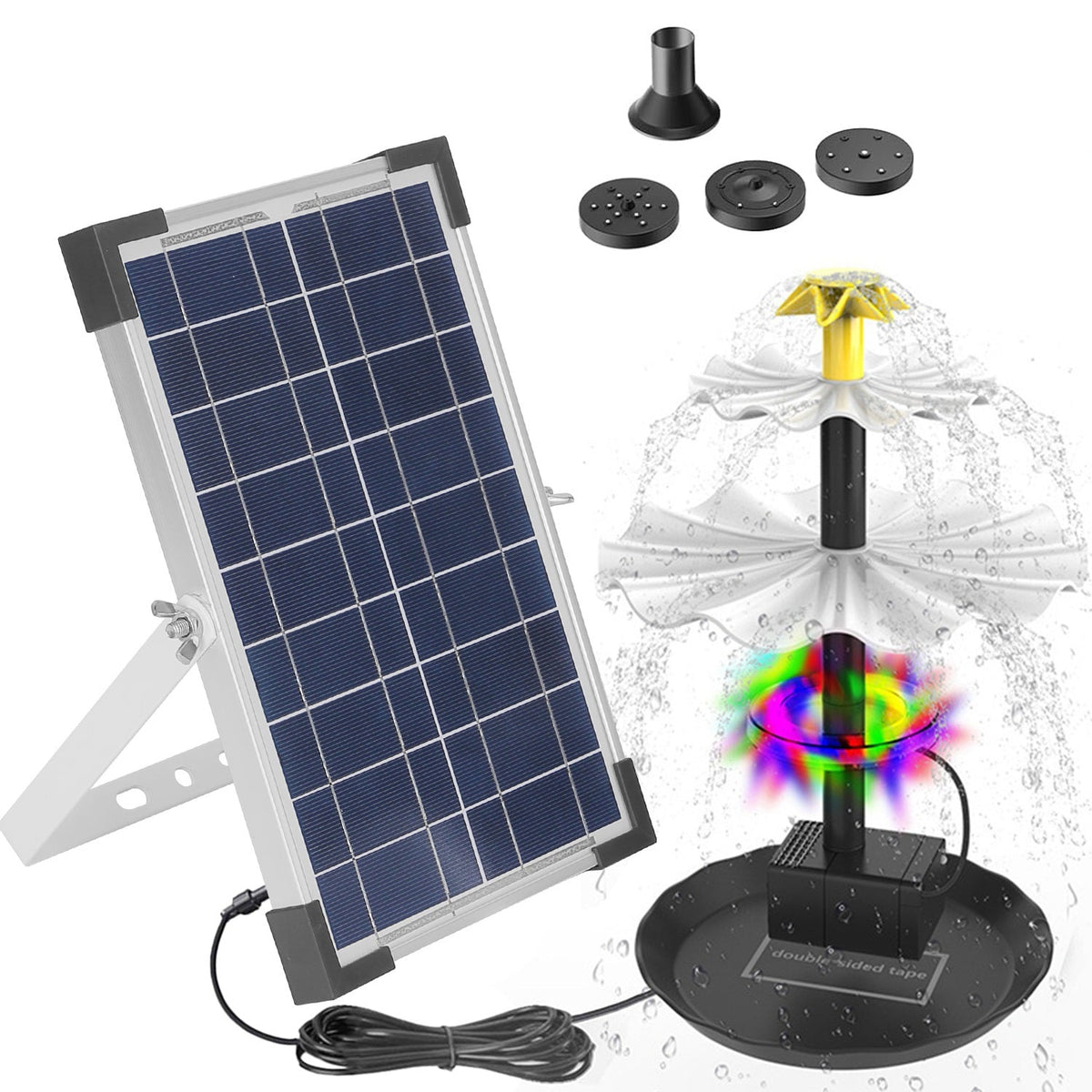 Solar Bird Bath Fountain with Color LED Lights & 3 Nozzles – 3-Tier, IP68 Waterproof