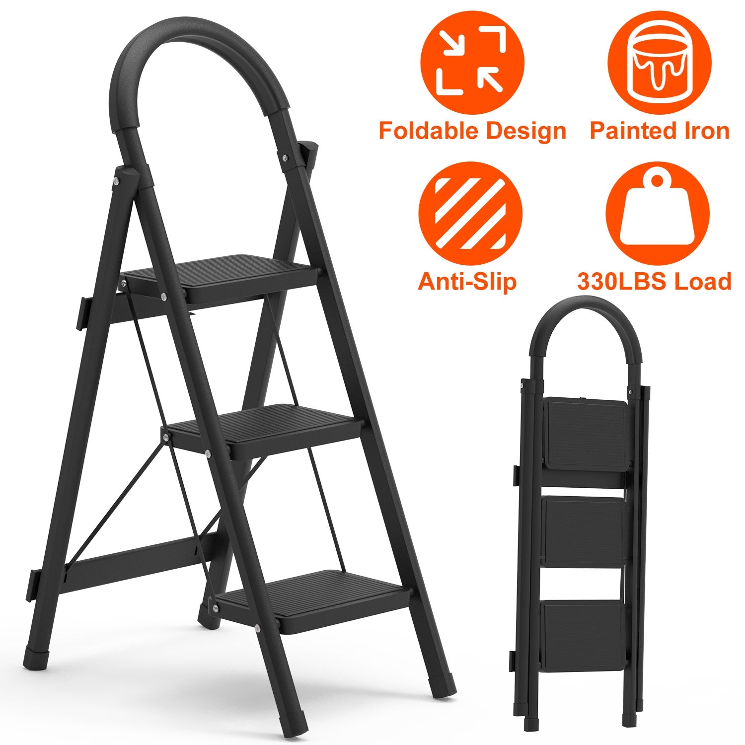 Lightweight Folding 3-Step Stool Ladder – 330 lb Capacity