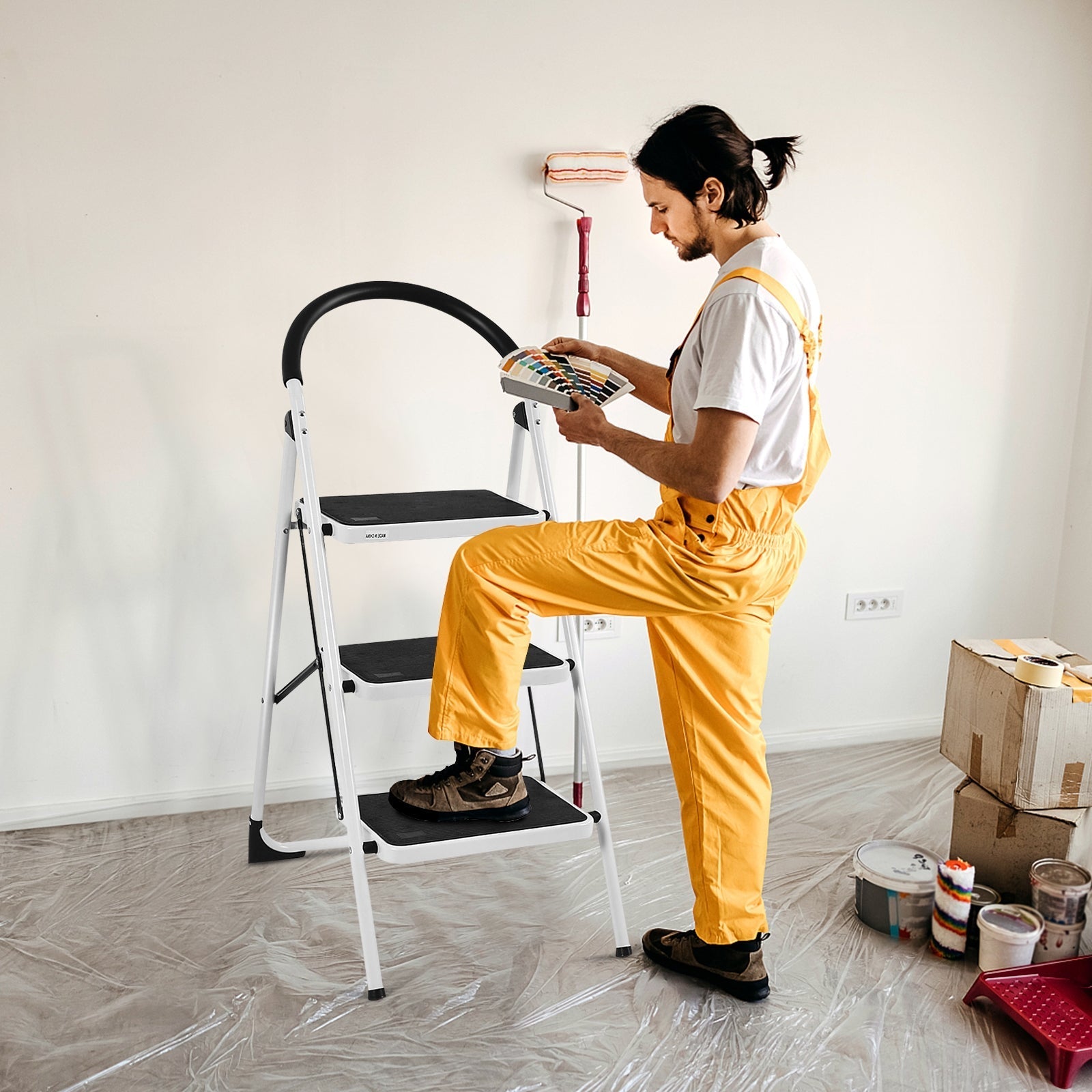 Heavy-Duty 3-Step Industrial Folding Stool Ladder