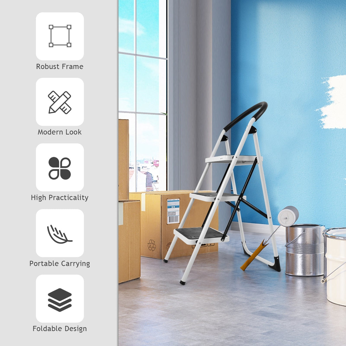 Heavy-Duty 3-Step Industrial Folding Stool Ladder