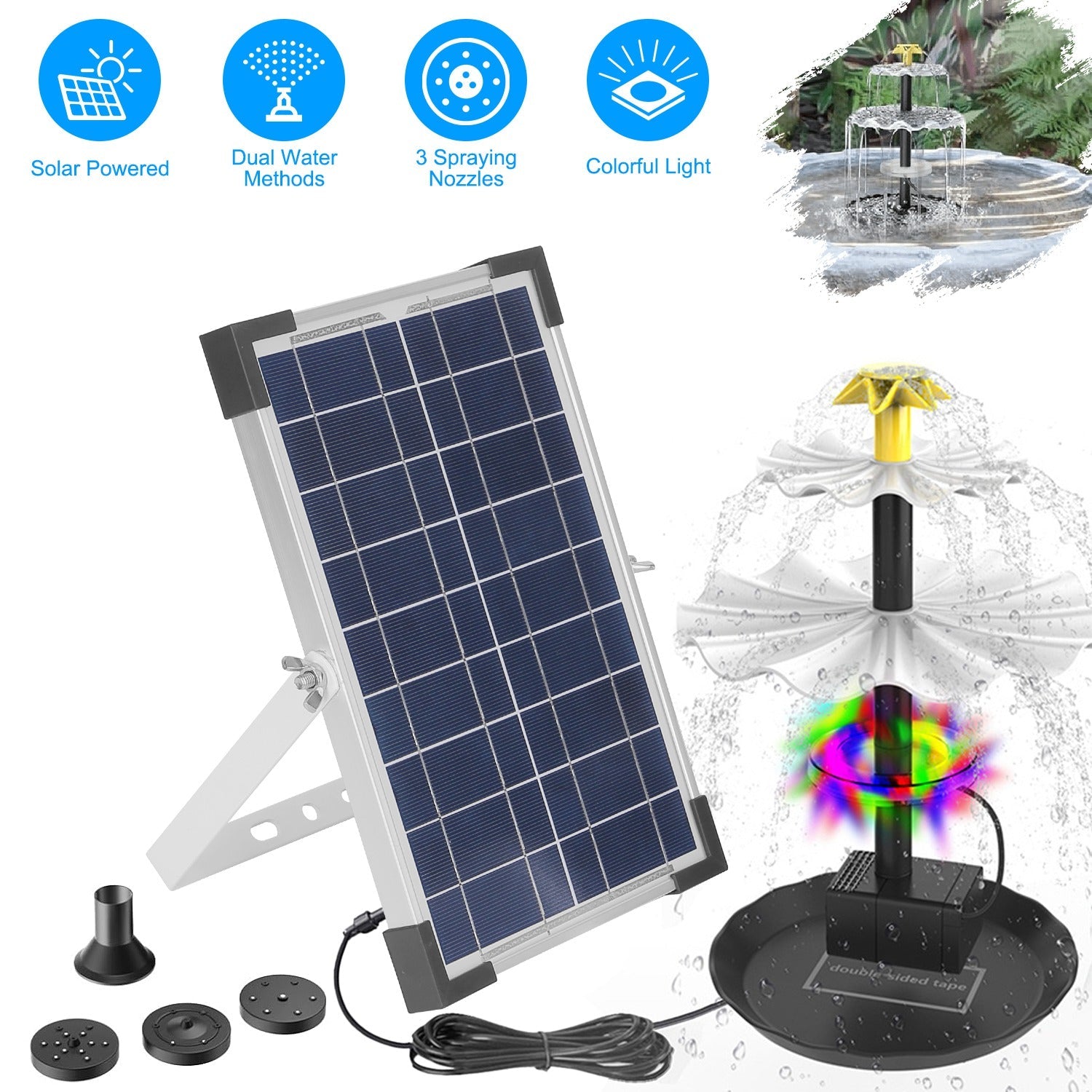 Solar Bird Bath Fountain with Color LED Lights & 3 Nozzles – 3-Tier, IP68 Waterproof