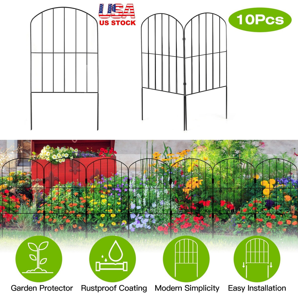 10Pcs Decorative Garden Fence Rustproof Iron Wire Arched Fence Animal Barrier Border 12.59Ó Width 23.93Ó Length For Yard Landscape Patio Outdoor Decor