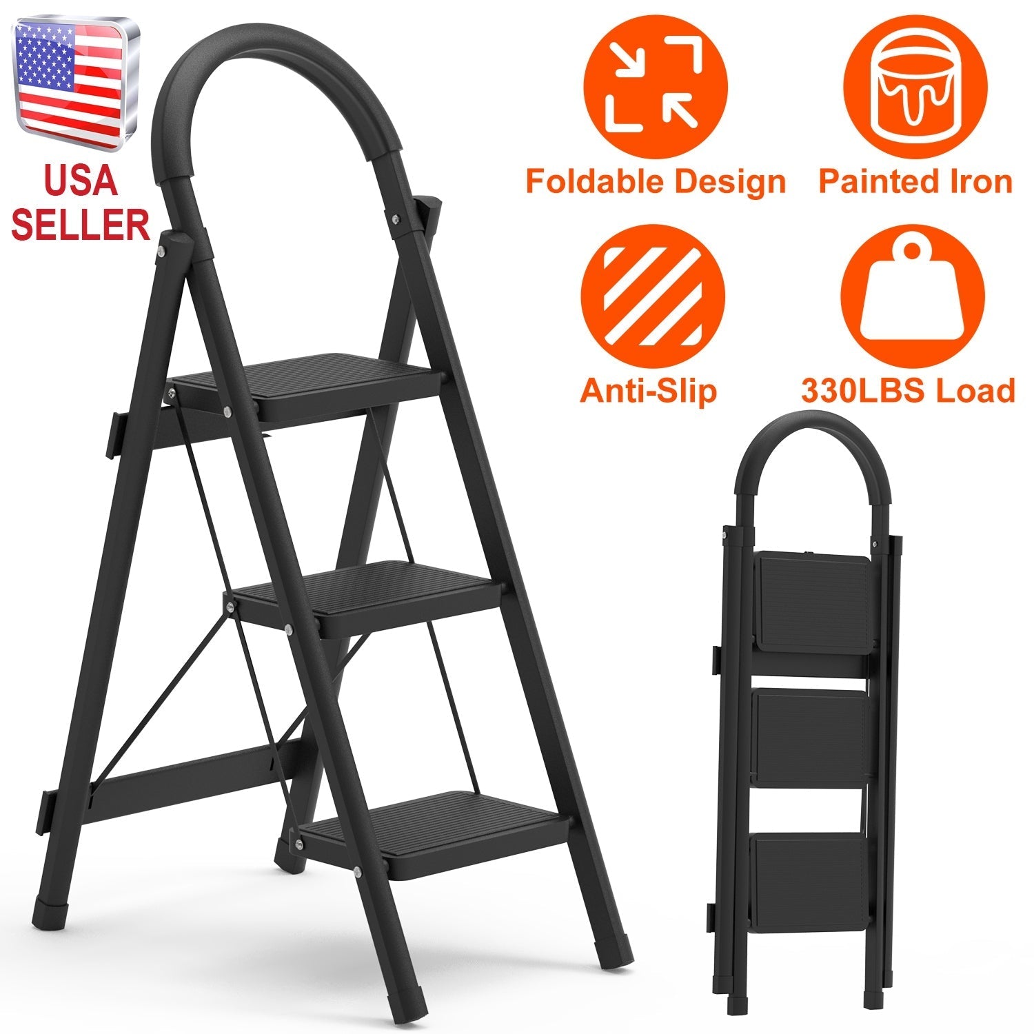Lightweight Folding 3-Step Stool Ladder – 330 lb Capacity