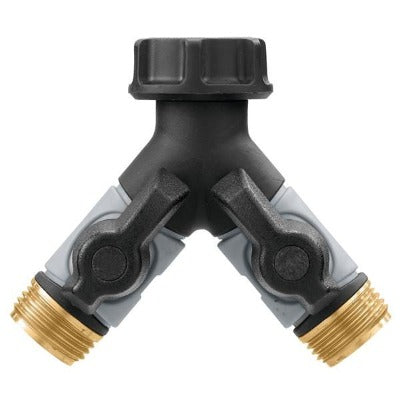 Dual Outlet Metal Garden Hose Splitter with Shut-Off Valves