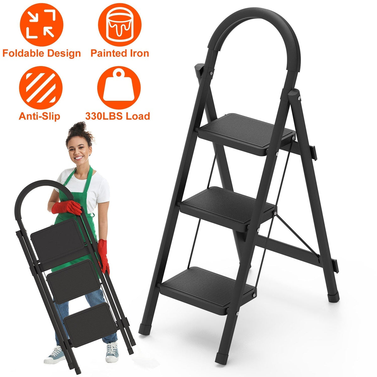 Lightweight Folding 3-Step Stool Ladder – 330 lb Capacity