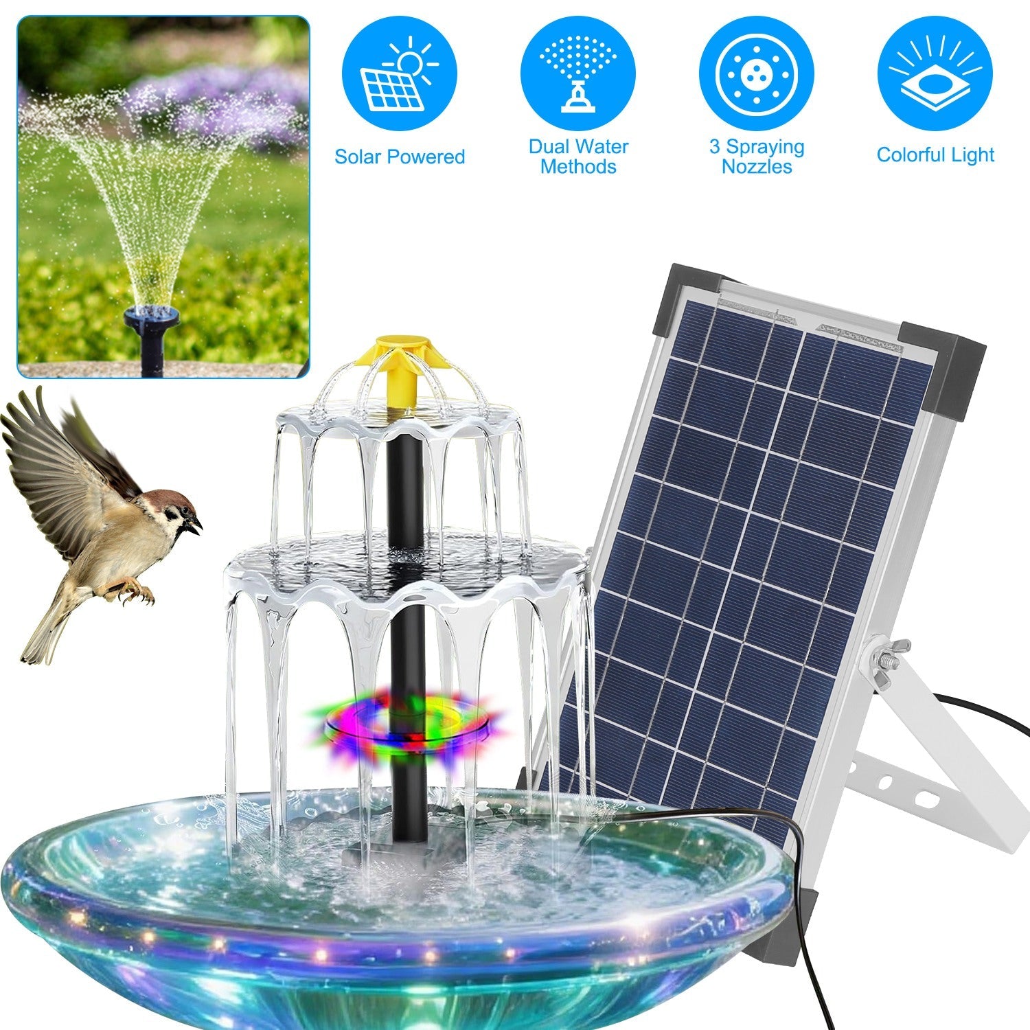 Solar Bird Bath Fountain with Color LED Lights & 3 Nozzles – 3-Tier, IP68 Waterproof