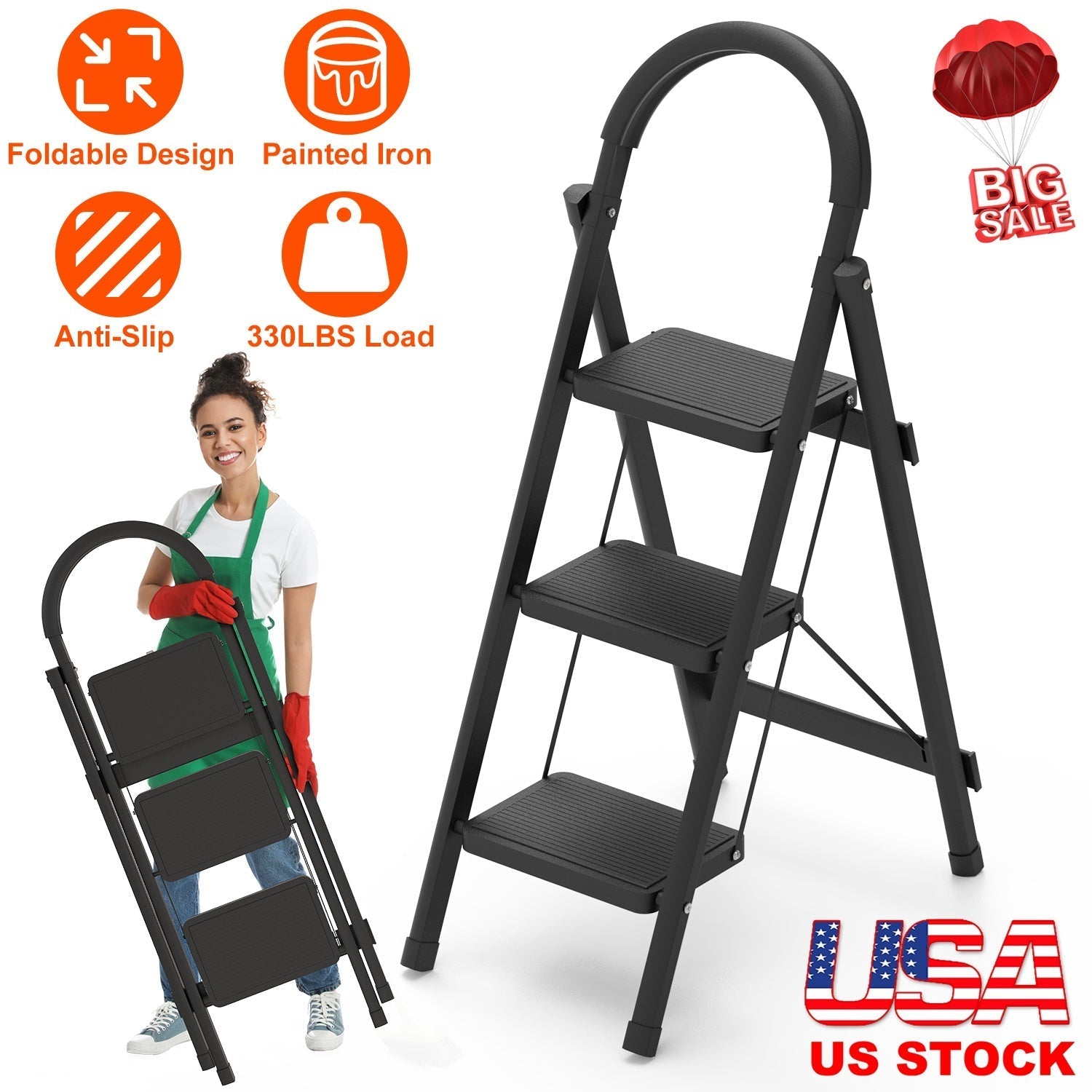 Lightweight Folding 3-Step Stool Ladder – 330 lb Capacity