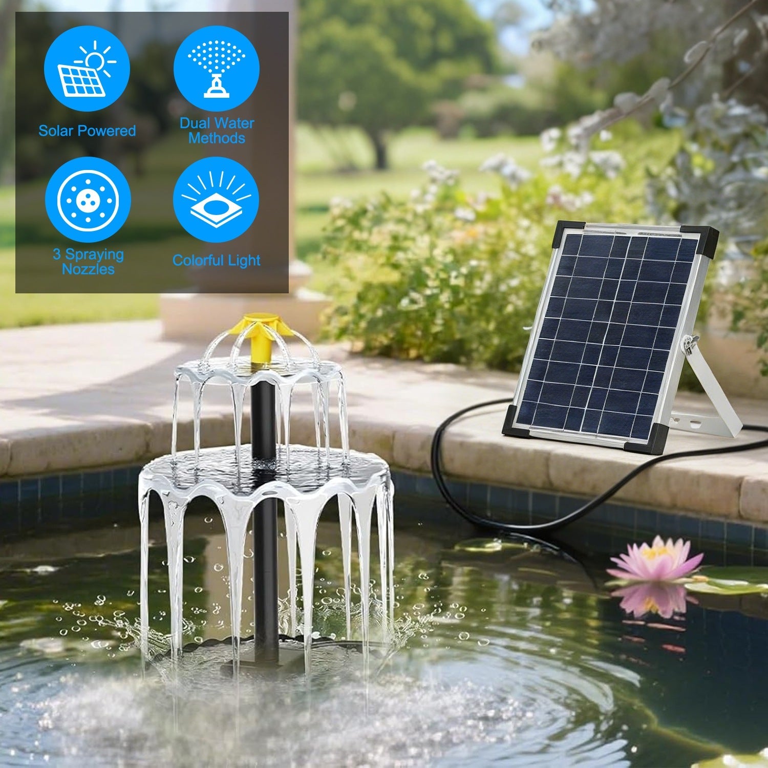 Solar Bird Bath Fountain with Color LED Lights & 3 Nozzles – 3-Tier, IP68 Waterproof