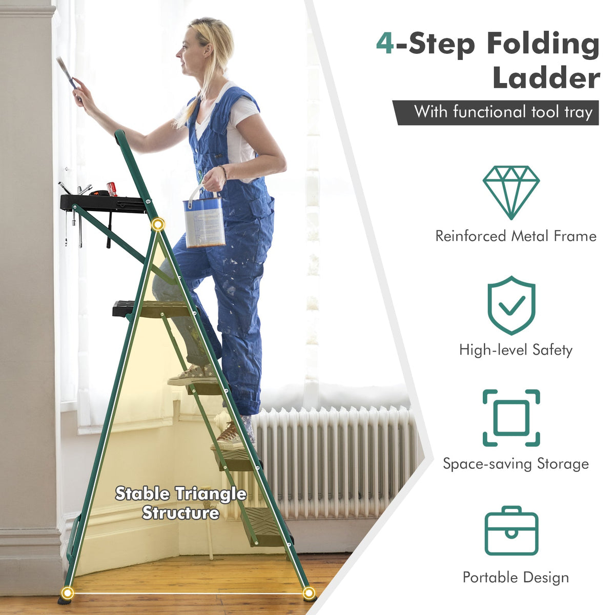 4-Step Folding Ladder with Tool Tray & Non-Slip Pedals
