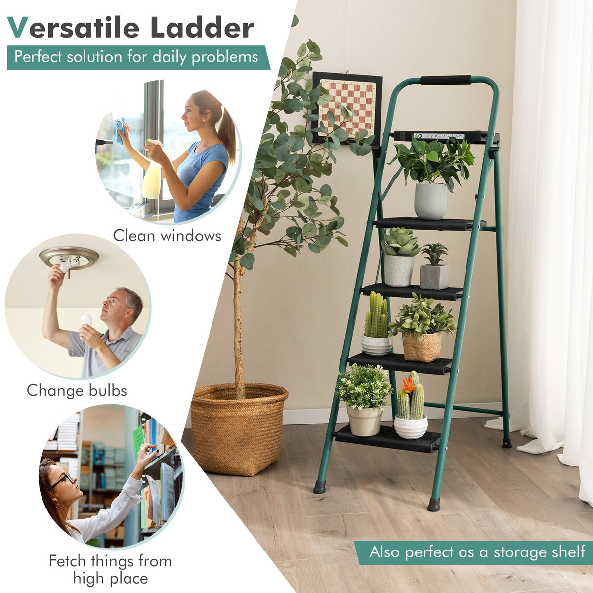 4-Step Folding Ladder with Tool Tray & Non-Slip Pedals