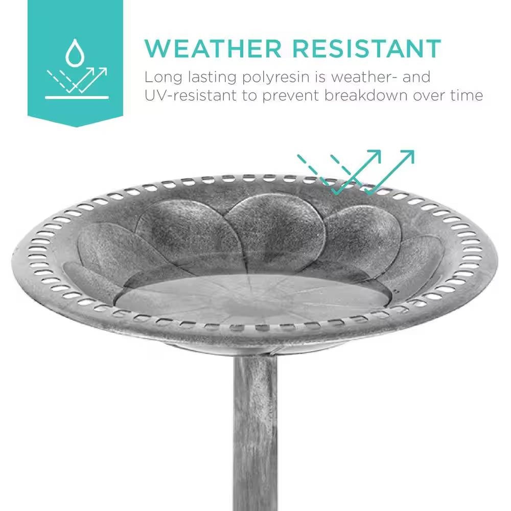 Outdoor Polyresin Bird Bath – Rustic Aged Silver Finish, Weather-Resistant