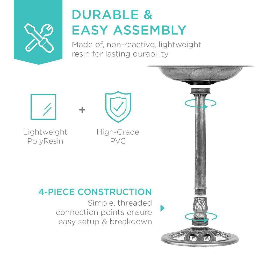 Outdoor Polyresin Bird Bath – Rustic Aged Silver Finish, Weather-Resistant