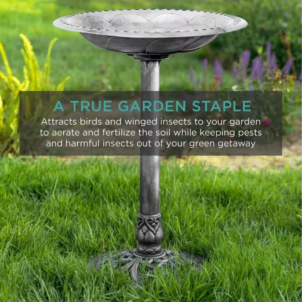 Outdoor Polyresin Bird Bath – Rustic Aged Silver Finish, Weather-Resistant