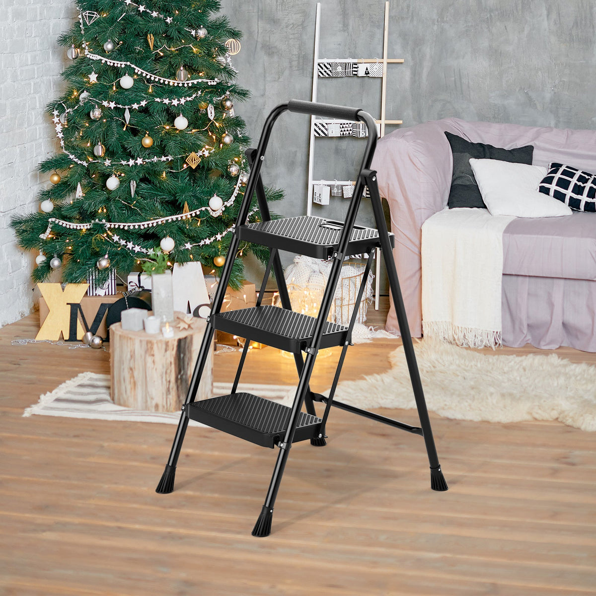 Portable 3-Step Folding Ladder with Anti-Slip Pedal – Black