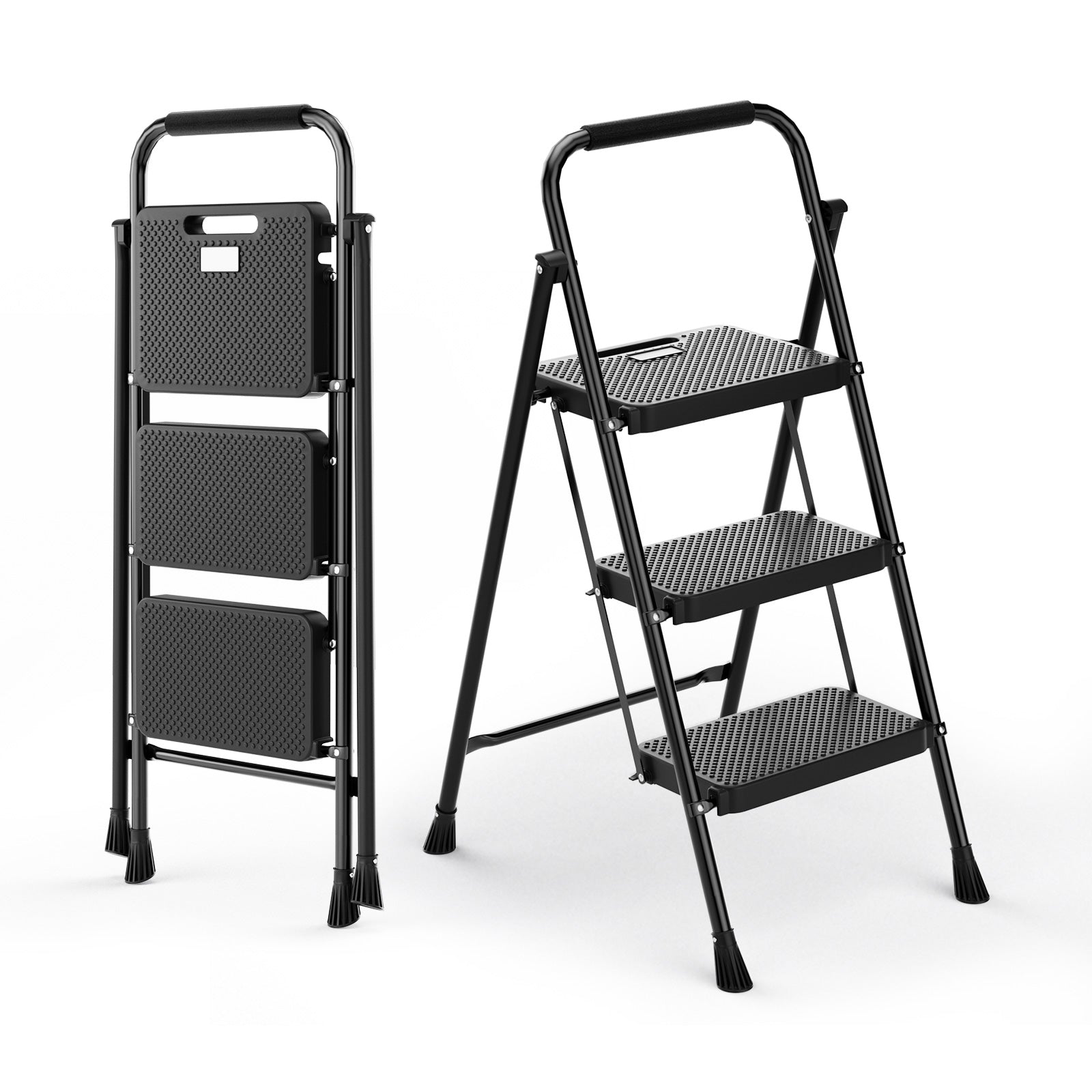 Portable 3-Step Folding Ladder with Anti-Slip Pedal – Black