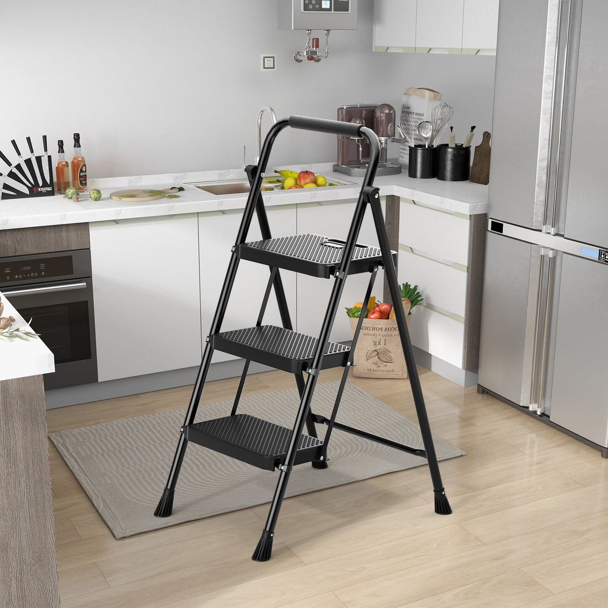 Portable 3-Step Folding Ladder with Anti-Slip Pedal – Black