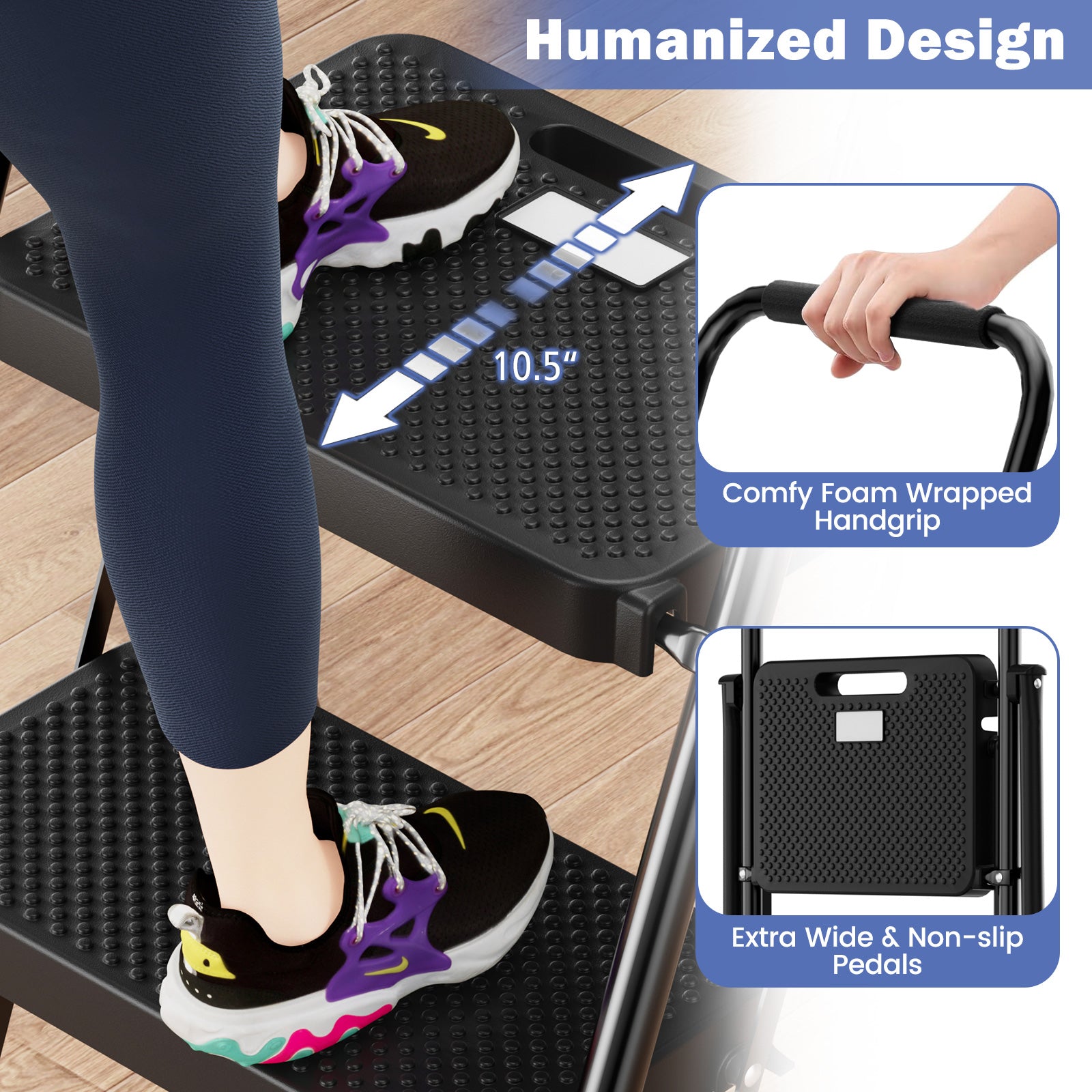 Portable 3-Step Folding Ladder with Anti-Slip Pedal – Black