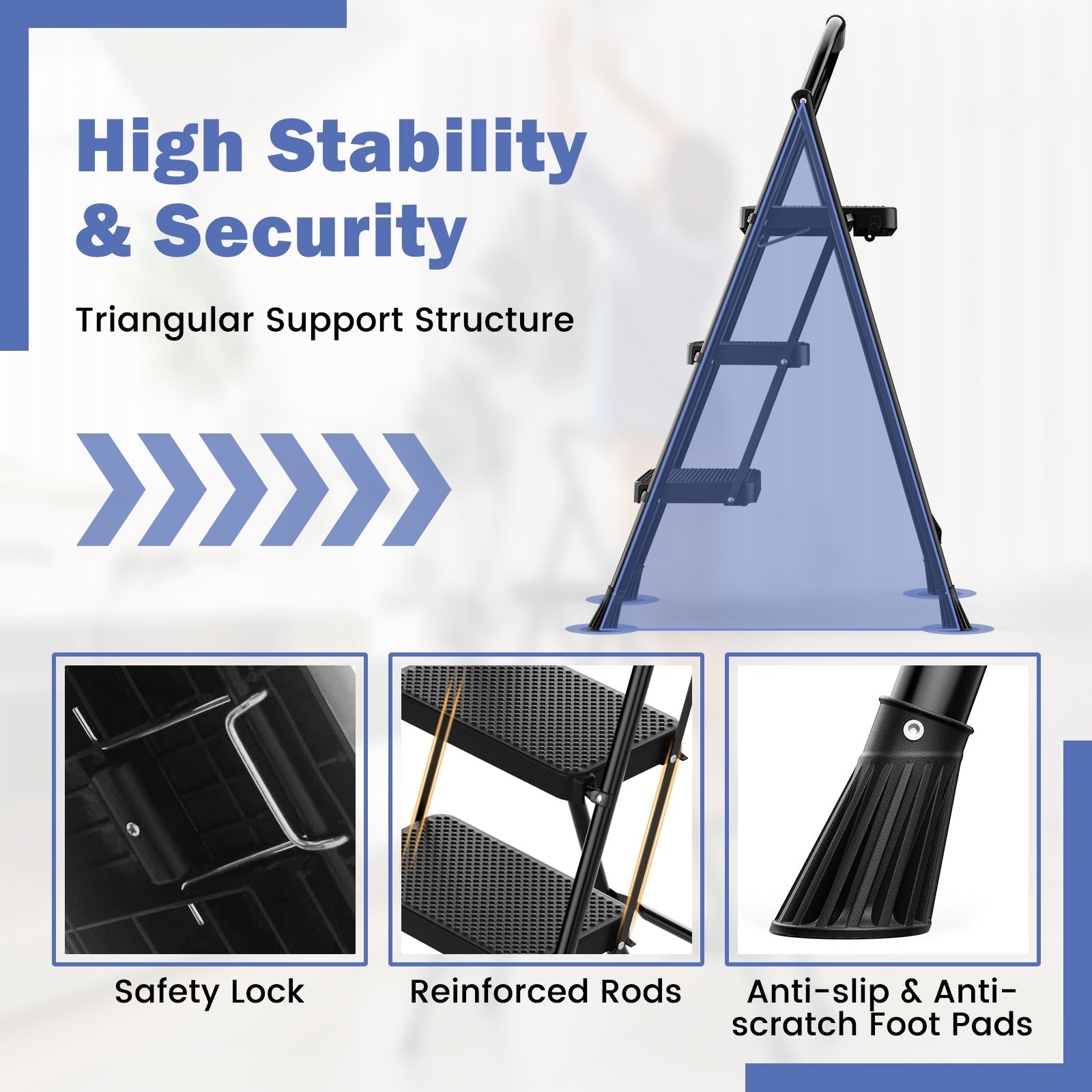 Portable 3-Step Folding Ladder with Anti-Slip Pedal – Black