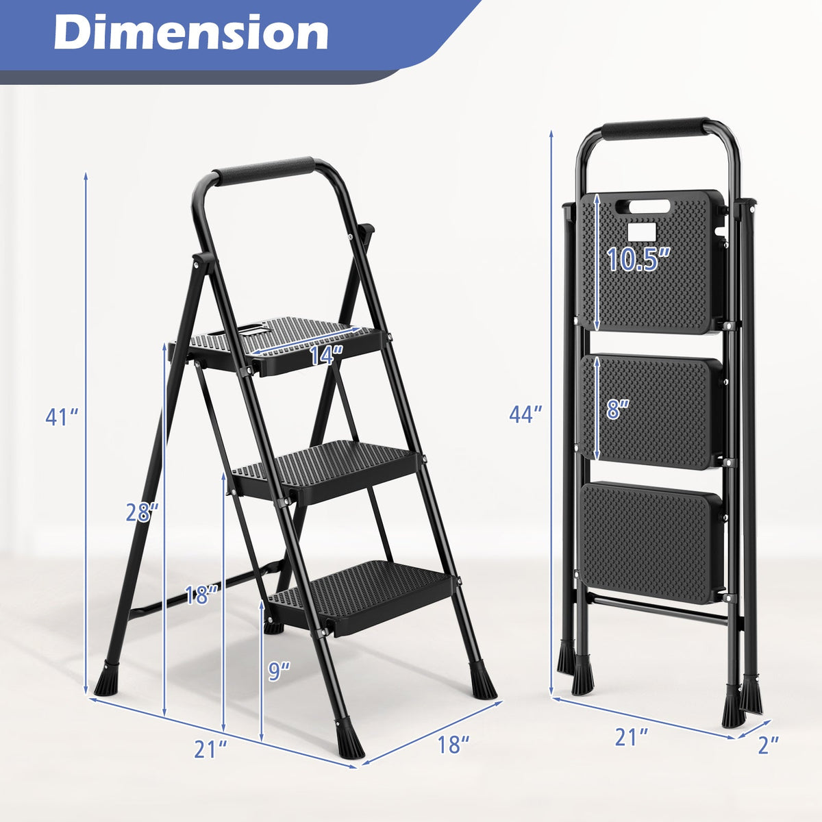 Portable 3-Step Folding Ladder with Anti-Slip Pedal – Black