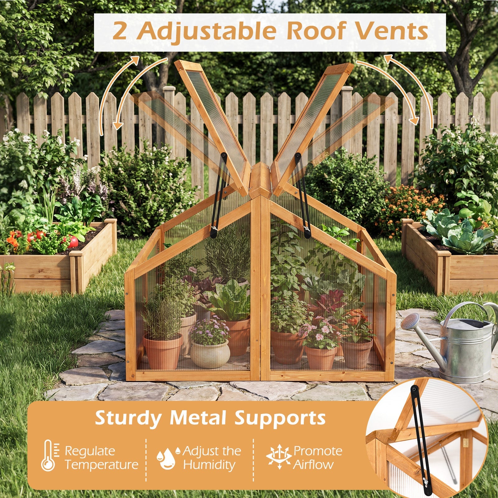 Wood Cold Frame Greenhouse Raised Flower Planter Protection with Transparent Openable Roof-Orange