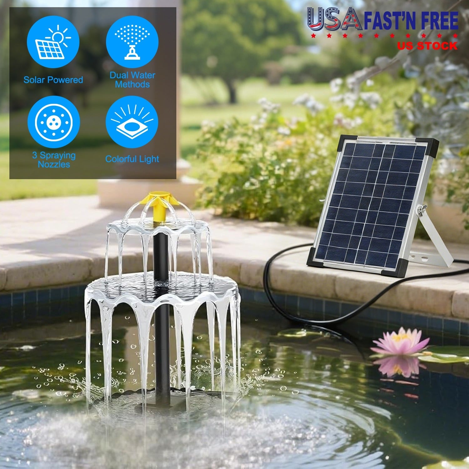 Solar Bird Bath Fountain with Color LED Lights & 3 Nozzles – 3-Tier, IP68 Waterproof