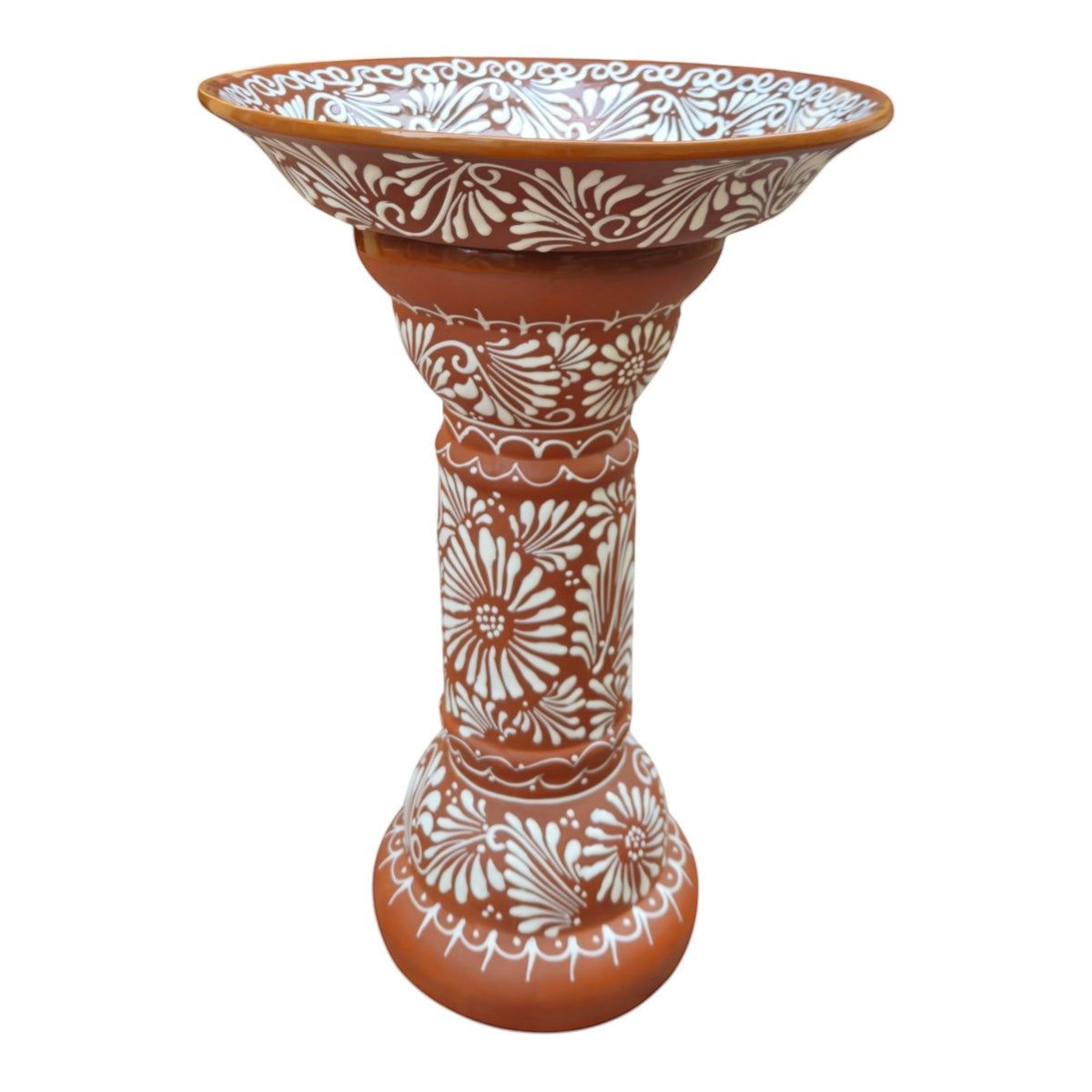 Handmade Talavera Bird Bath – Brown & White Floral Garden Accent