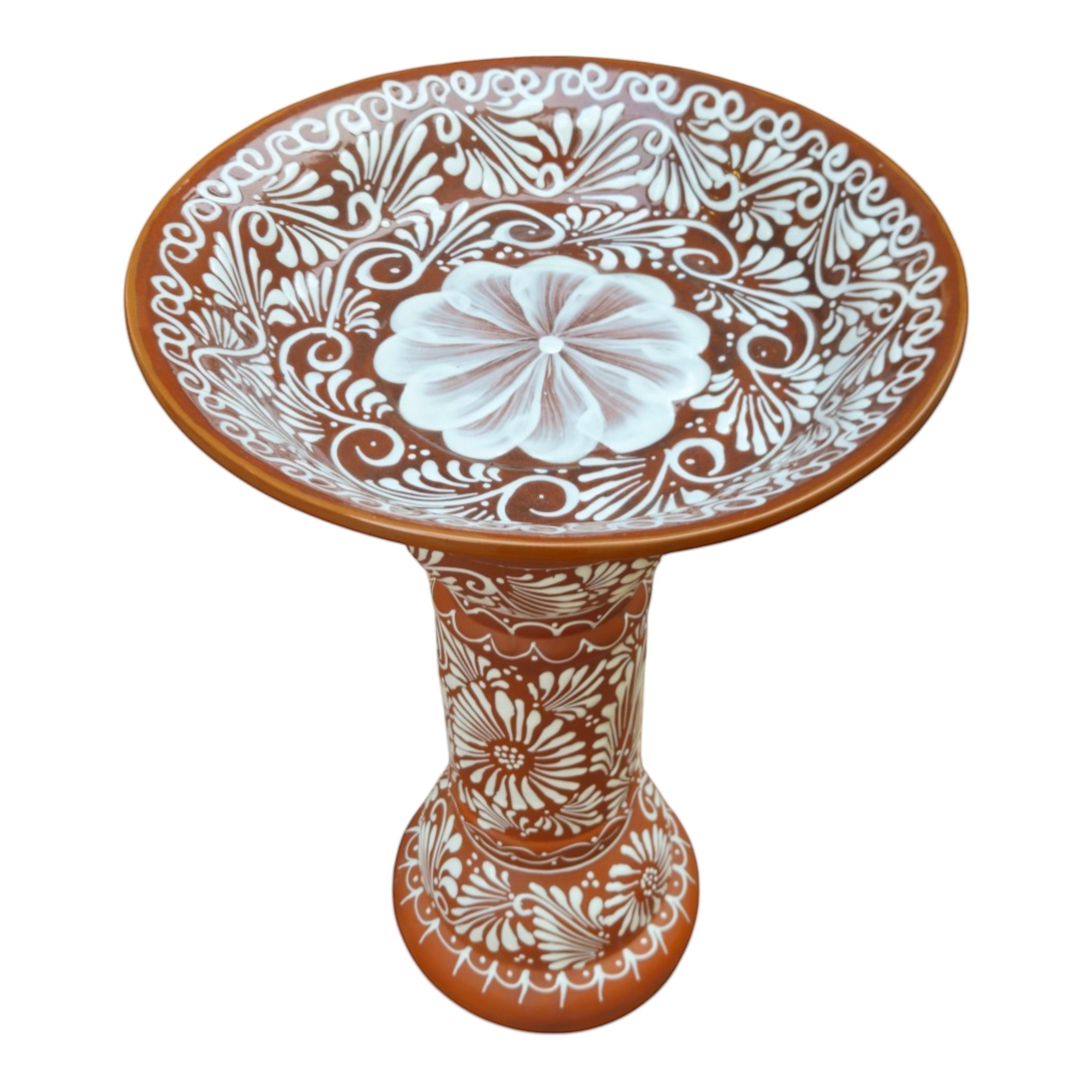 Handmade Talavera Bird Bath – Brown & White Floral Garden Accent