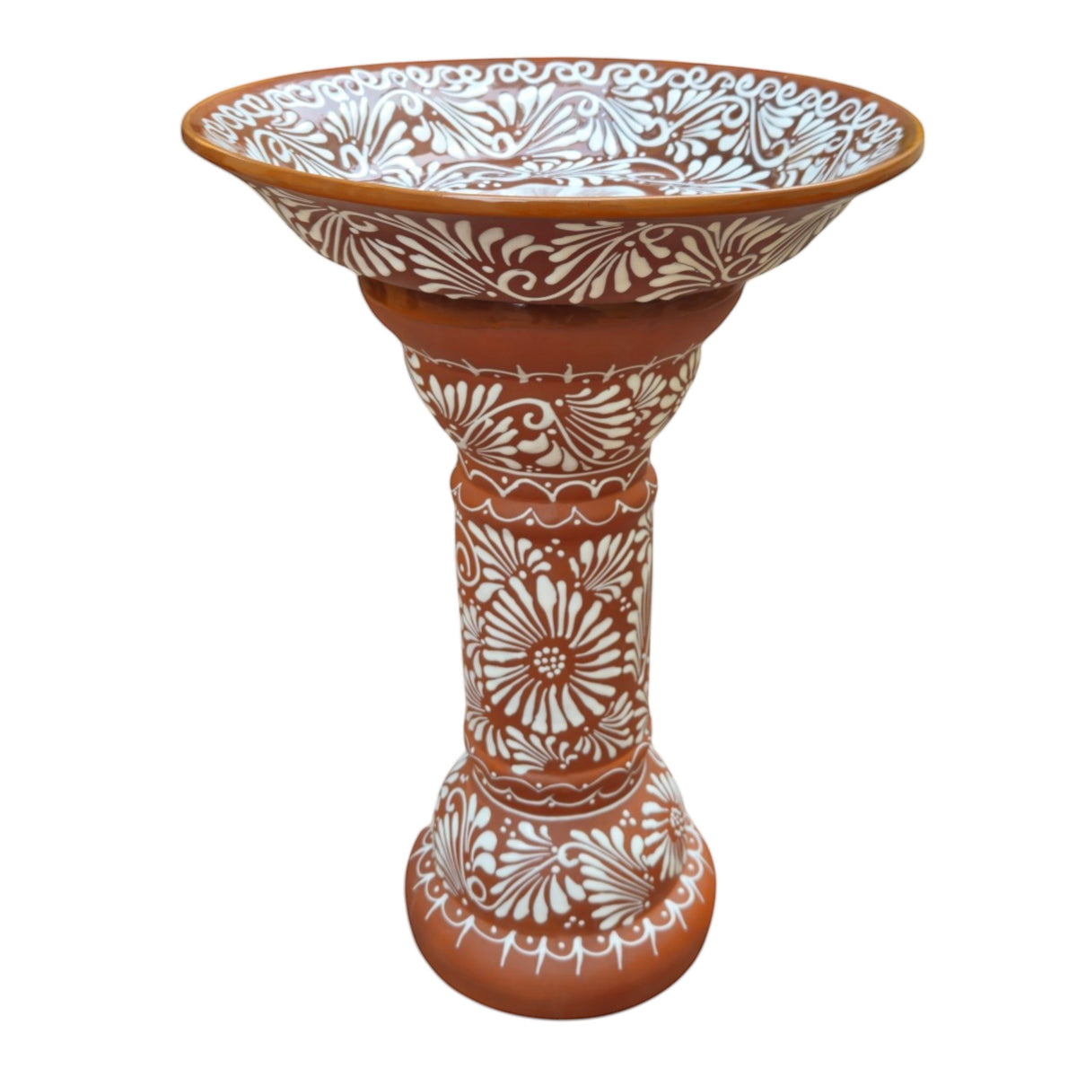 Handmade Talavera Bird Bath – Brown & White Floral Garden Accent