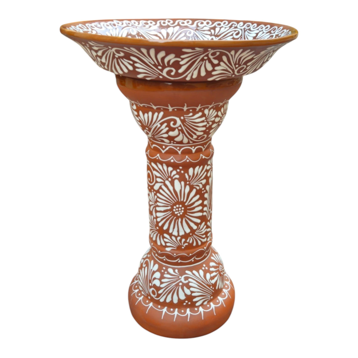 Handmade Talavera Bird Bath – Brown & White Floral Garden Accent