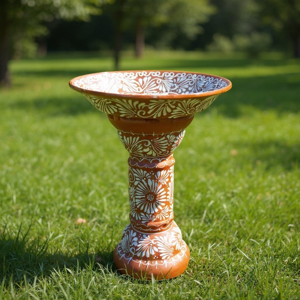Handmade Talavera Bird Bath – Brown & White Floral Garden Accent