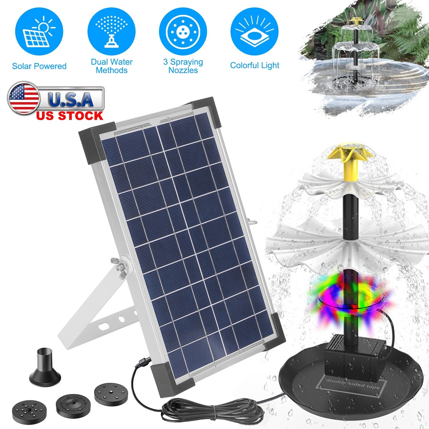 Solar Bird Bath Fountain with Color LED Lights & 3 Nozzles – 3-Tier, IP68 Waterproof