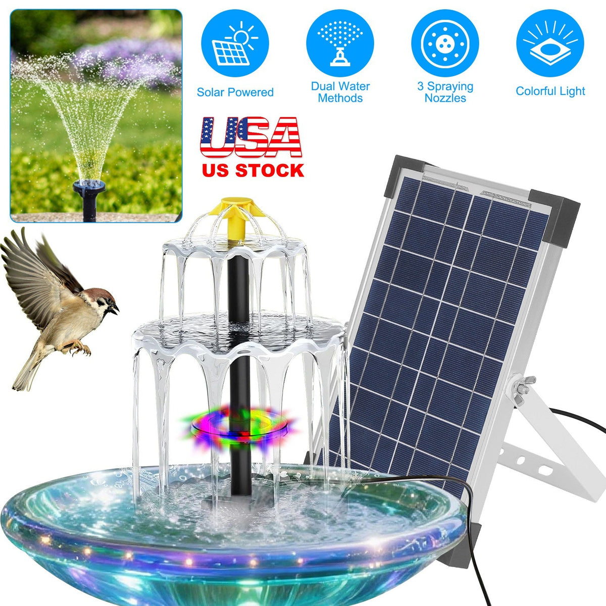 Solar Bird Bath Fountain with Color LED Lights & 3 Nozzles – 3-Tier, IP68 Waterproof