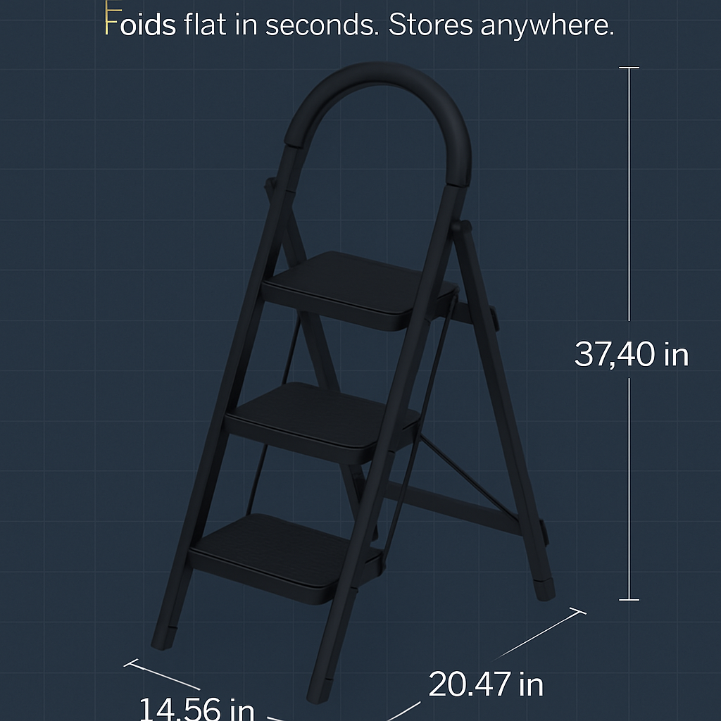 3-Step Foldable Ladder with Wide Pedals & Safety Lock