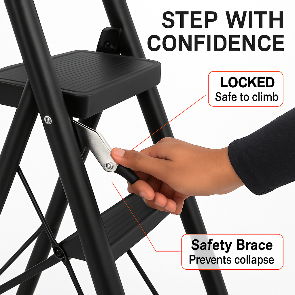 3-Step Foldable Ladder with Wide Pedals & Safety Lock