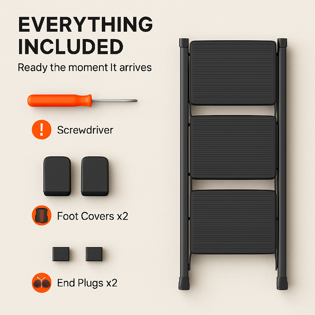 3-Step Foldable Ladder with Wide Pedals & Safety Lock