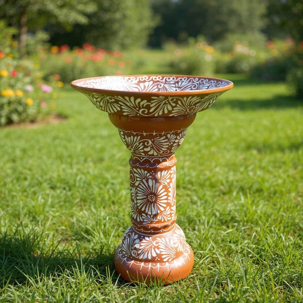 Handmade Talavera Bird Bath – Brown & White Floral Garden Accent