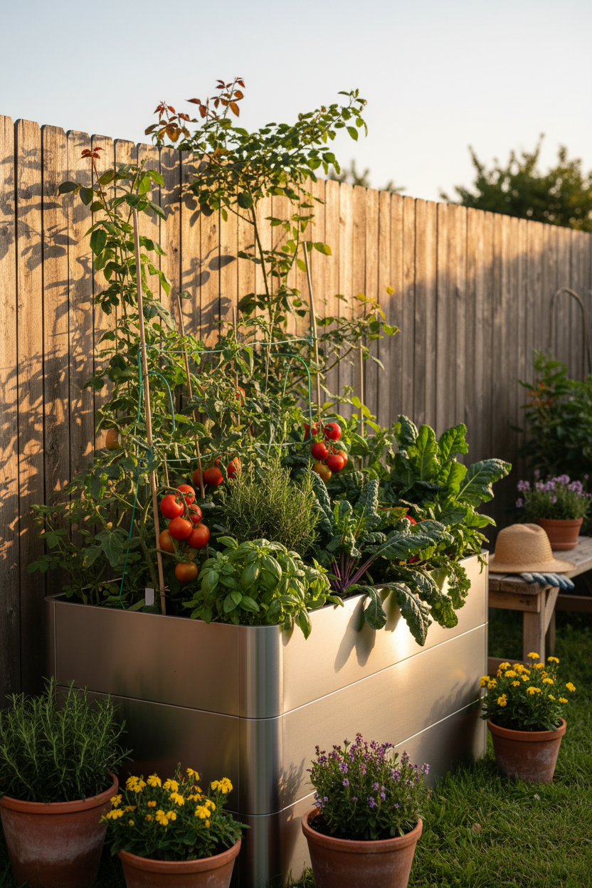 Raised garden bed filled with thriving vegetables in a lush backyard garden