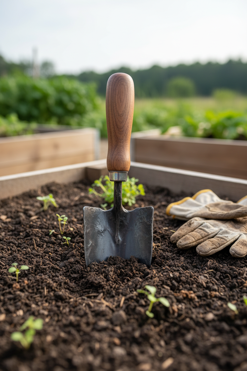 Hand forged garden trowel resting in rich dark soil in a raised garden bed