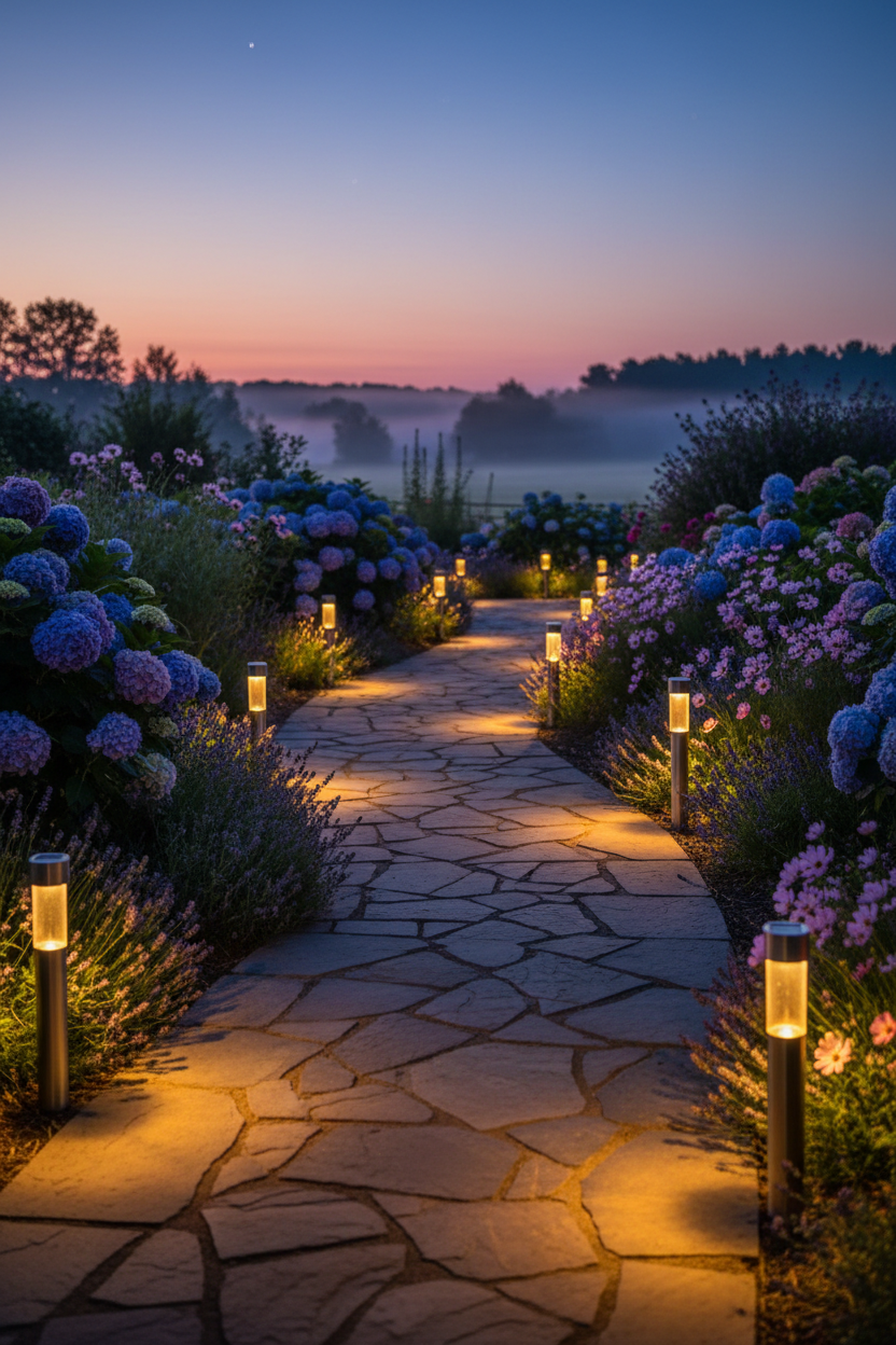Solar garden pathway lights glowing warmly along a garden path at dusk