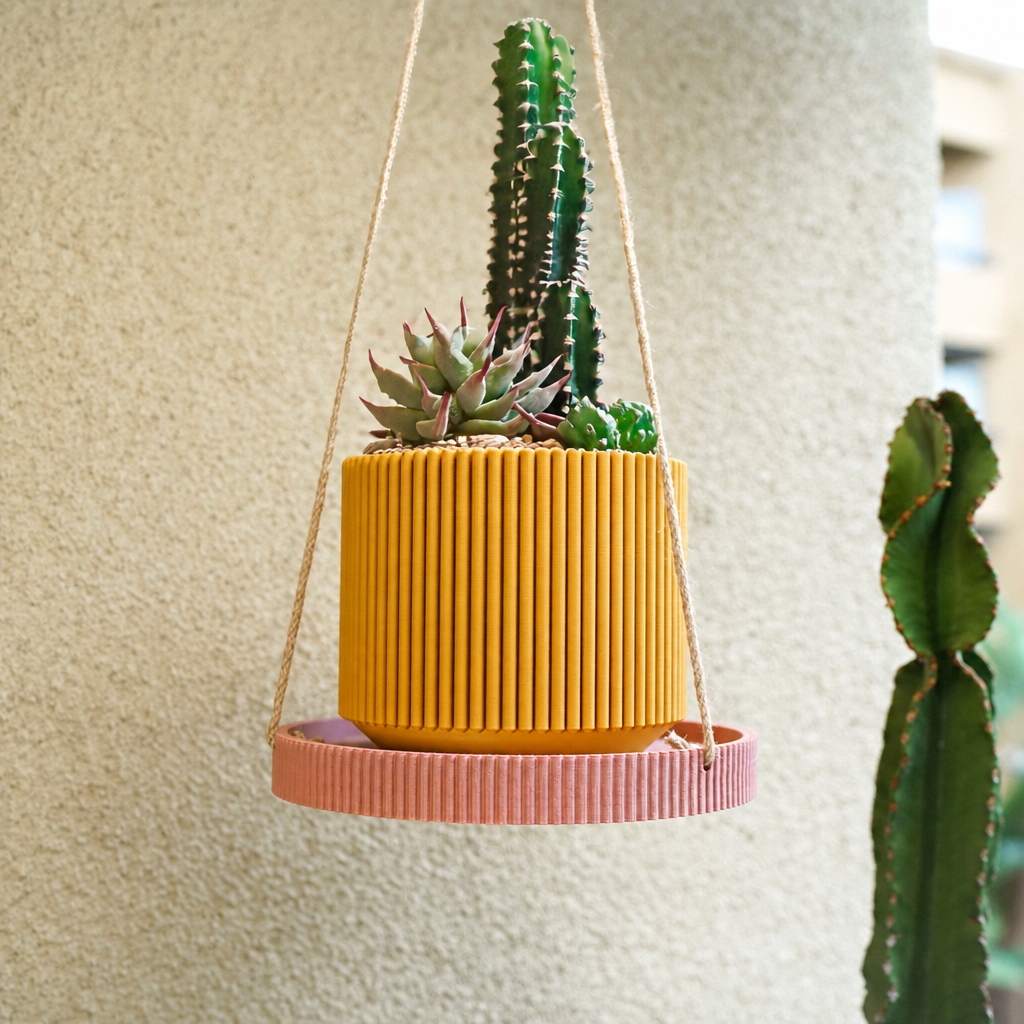 Hanging mustard ribbed planter