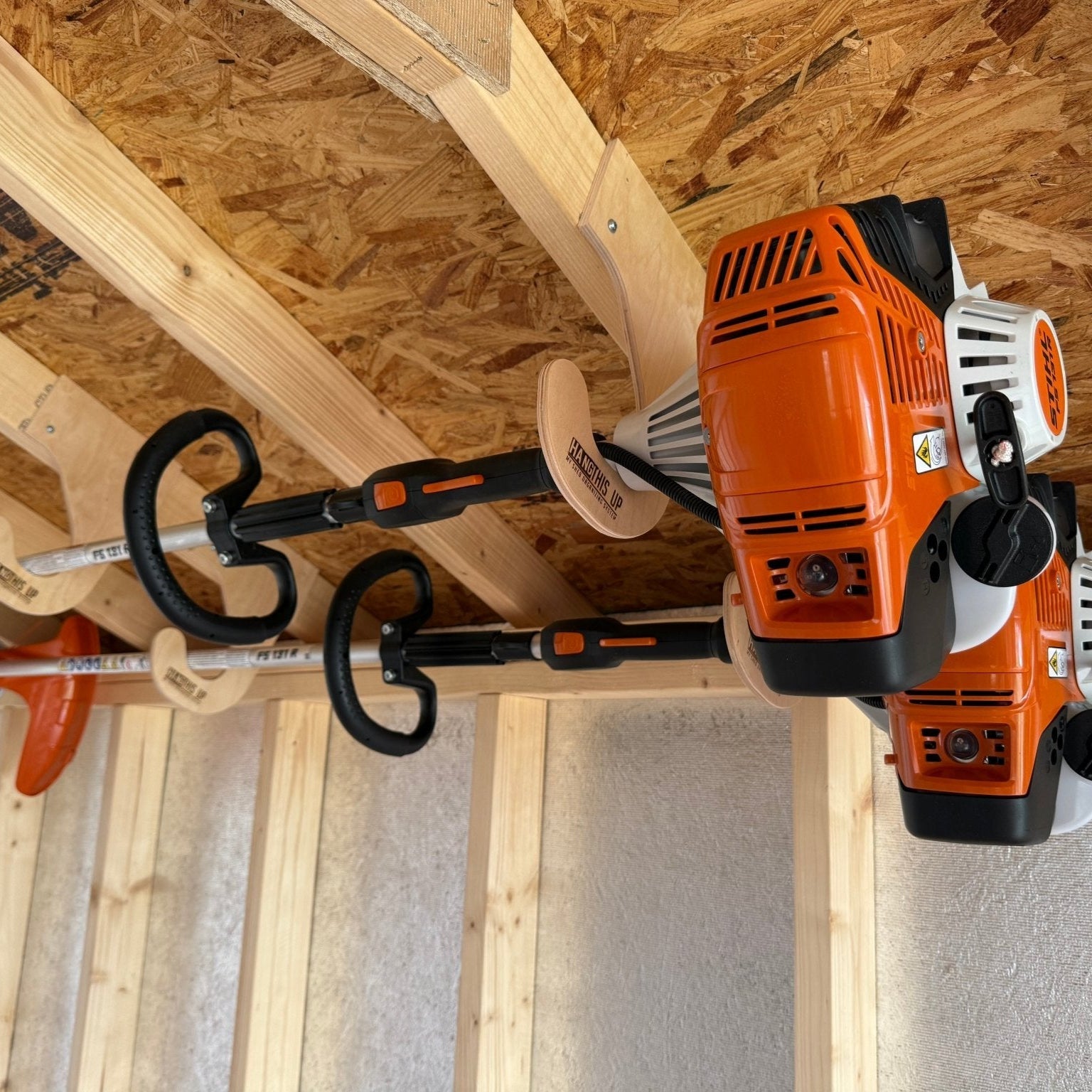 Ceiling-Mounted Weed Wacker Storage Rack