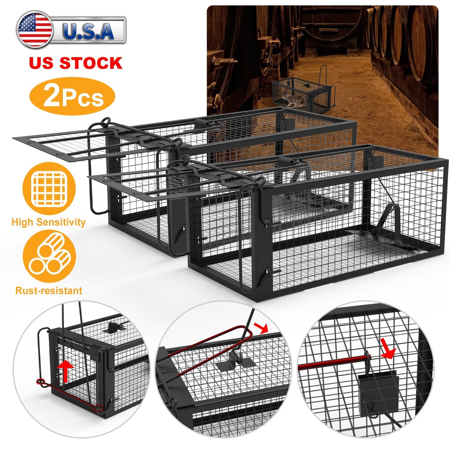 2 Pack Rat Trap Cage Humane Live Rodent Trap Cage Galvanized Iron Mice Mouse Control Bait Catch With Detachable U Shaped Rod